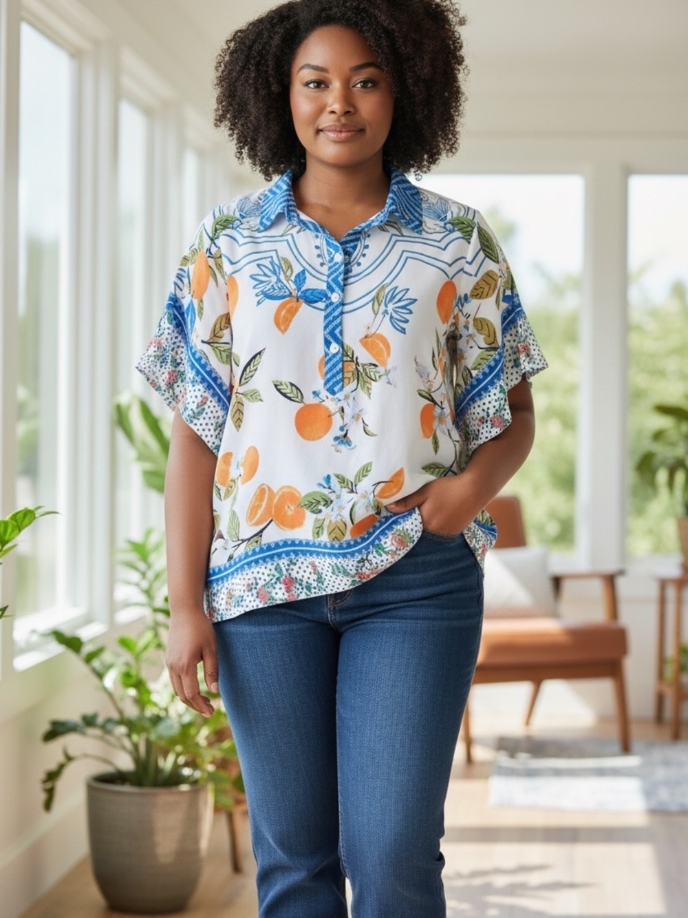 NWT John Mark Womens Plus Size 2X/3X White Top Blue Trim and Orange Citrus Print